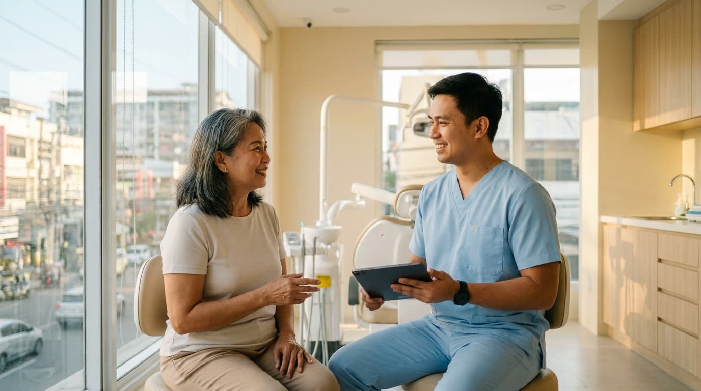 Smiling patient in a modern Cebu dental clinic with a dentist beside them, warm daylight